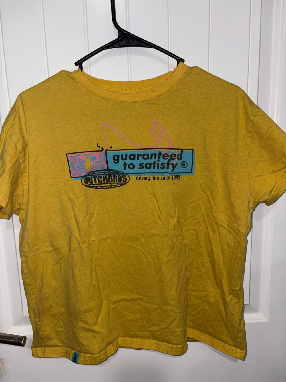 Dutch Bros Yellow womens medium Graphic Tee with Blue & Pink Logo
